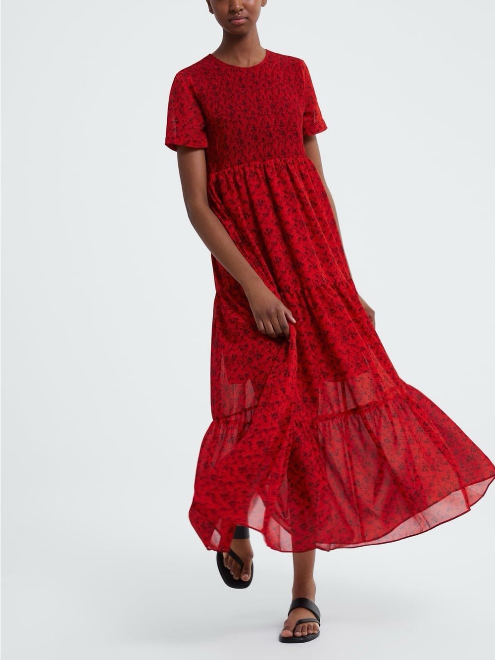 ZARA Red Floral Smocked Chiffon Maxi Dress Short Sleeve Tiered Large Sundress